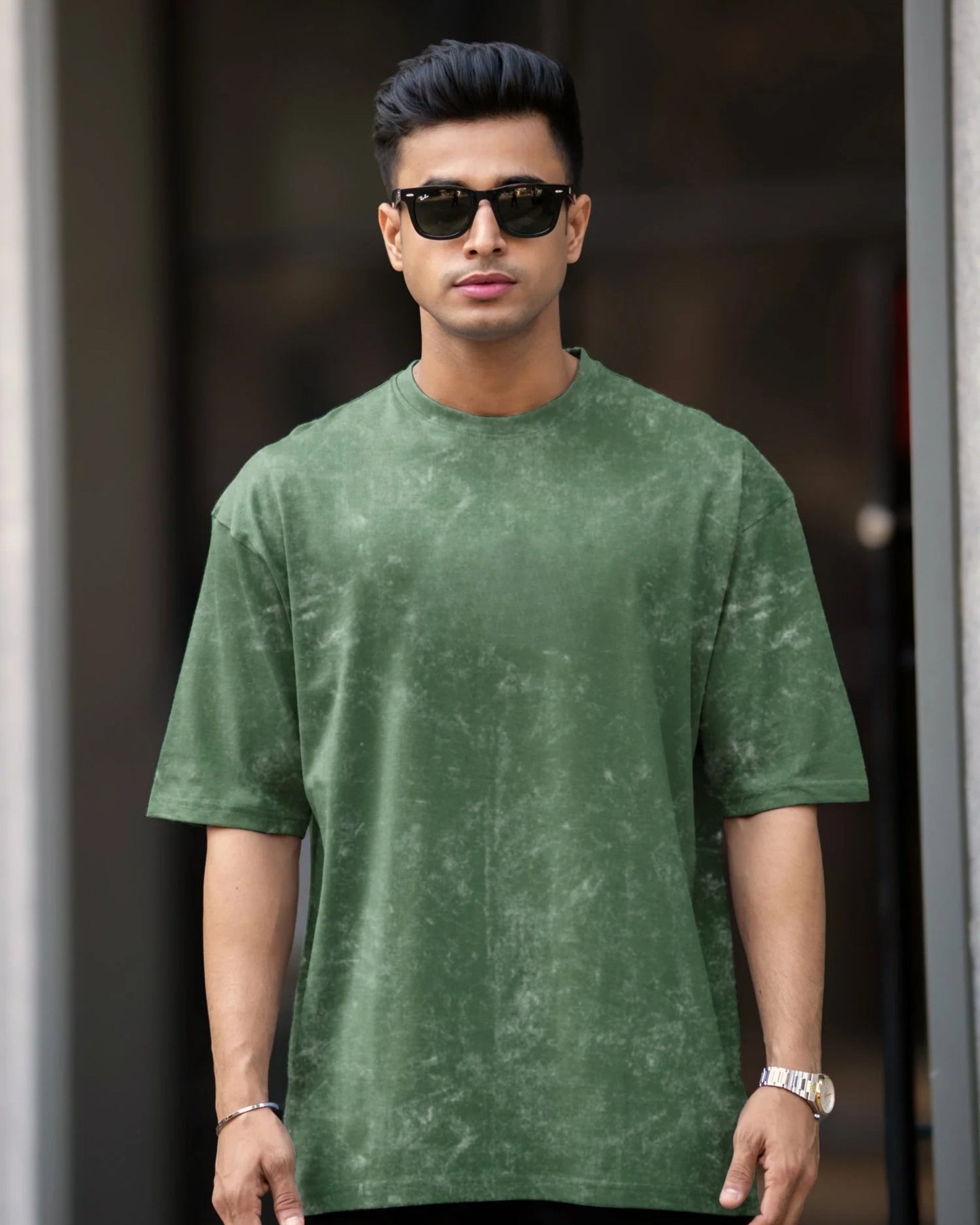 Men's Bottle Green Acid-Washed T-Shirt