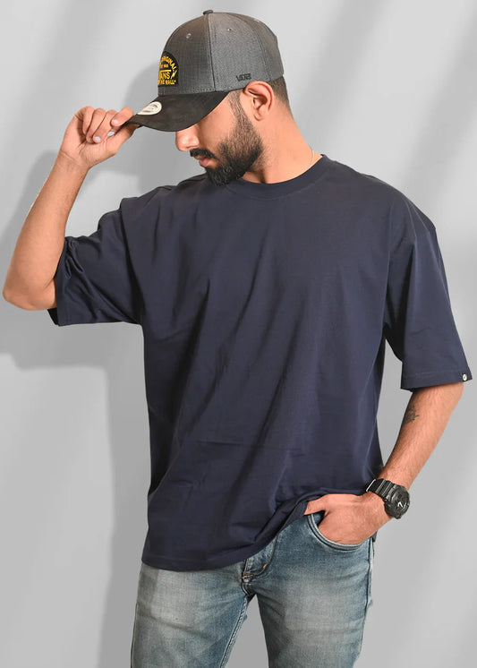 Men's Solid Navy Blue Oversized T-Shirt – 240 GSM French Terry