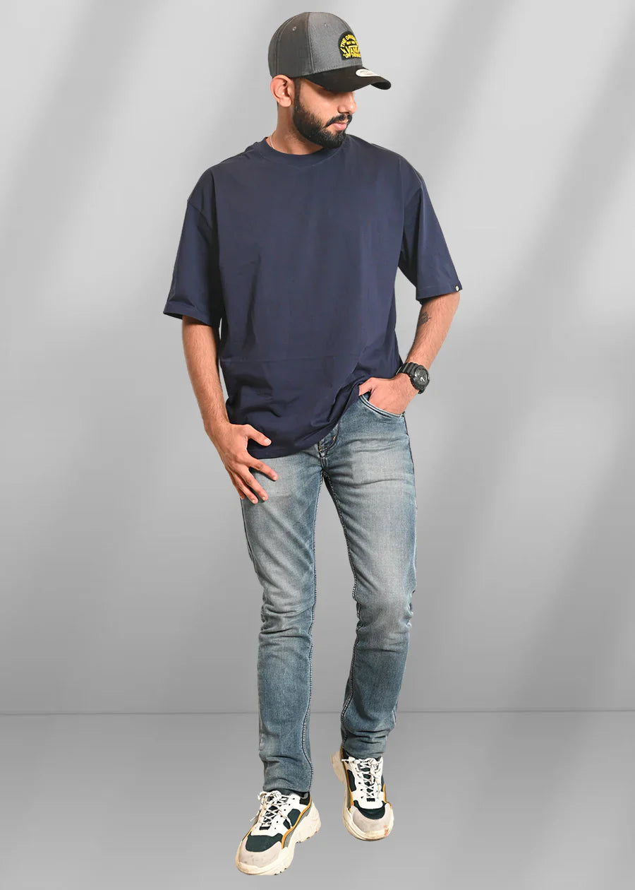 Men's Solid Navy Blue Oversized T-Shirt – 240 GSM French Terry
