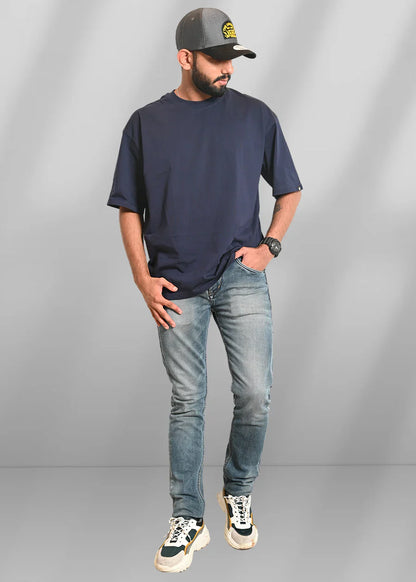 Men's Solid Navy Blue Oversized T-Shirt – 240 GSM French Terry