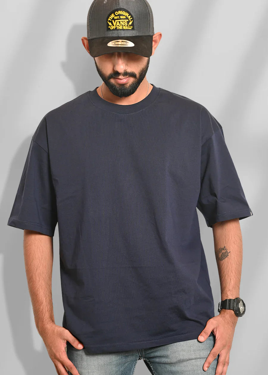 Men's Solid Navy Blue Oversized T-Shirt – 240 GSM French Terry